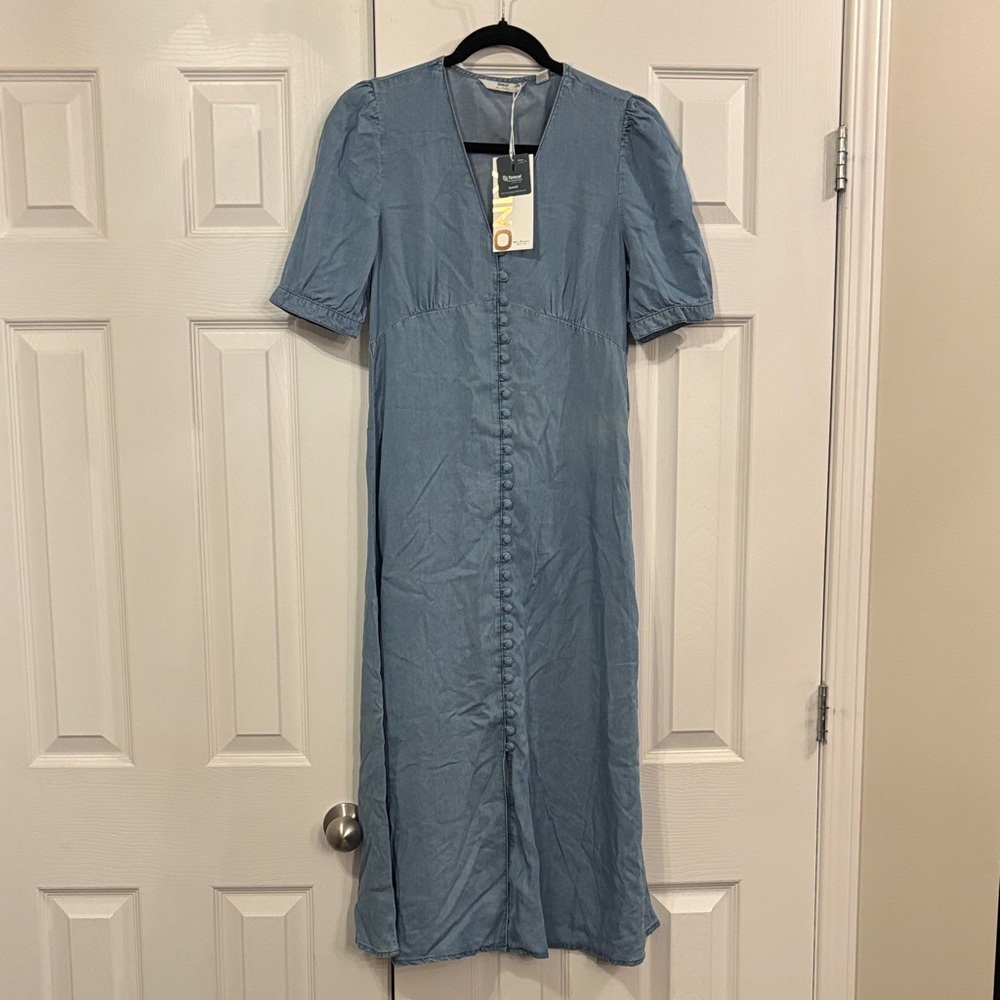 Only | S | V-Neck Button-Front Denim 100% Lyocell Midi Dress - Blue - Picture 3 of 5